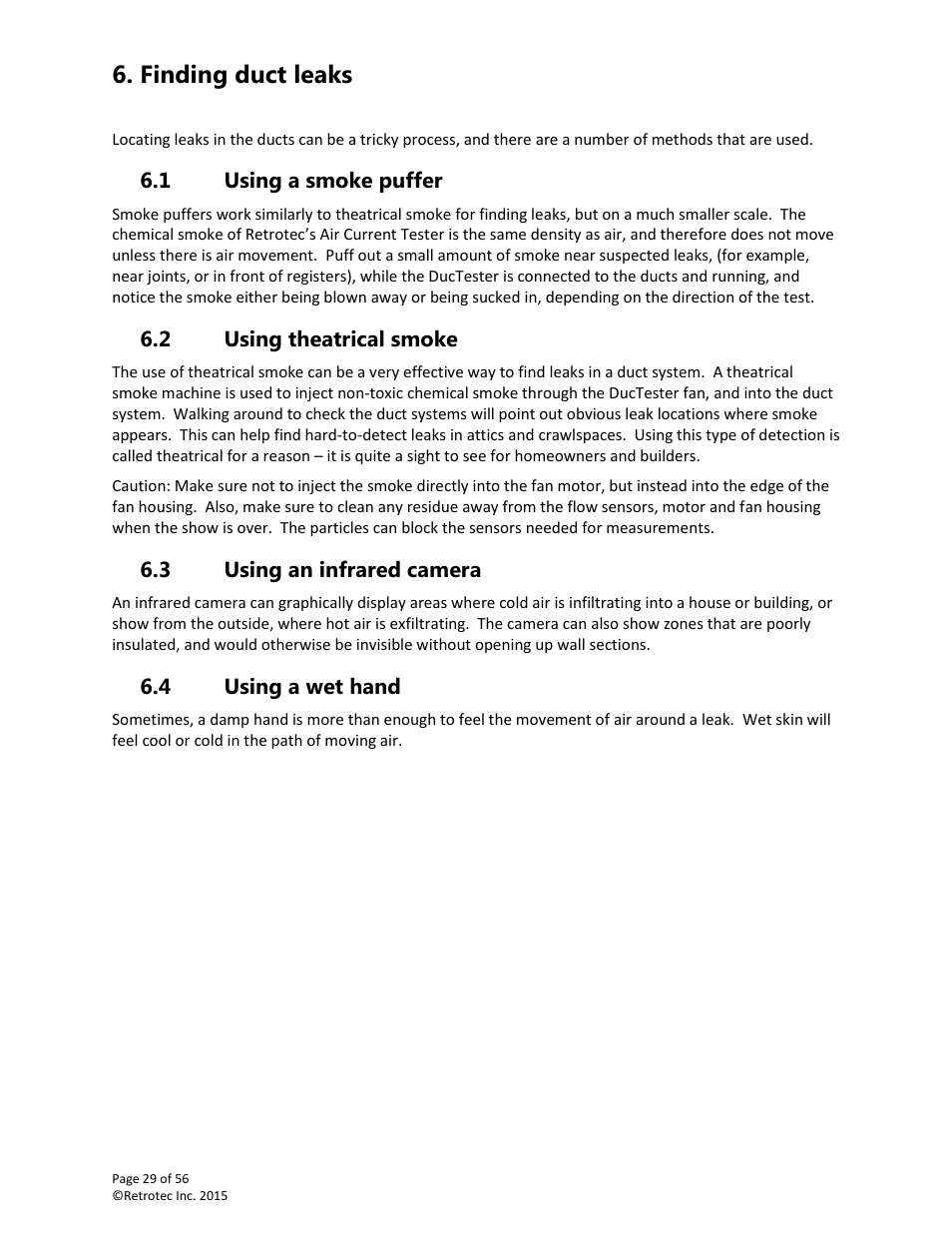 Finding duct leaks, Using a smoke puffer, Using theatrical smoke | Using an infrared camera, Using a wet hand | Retrotec Commercial 441 and 451 DucTester User Manual | Page 29 / 56