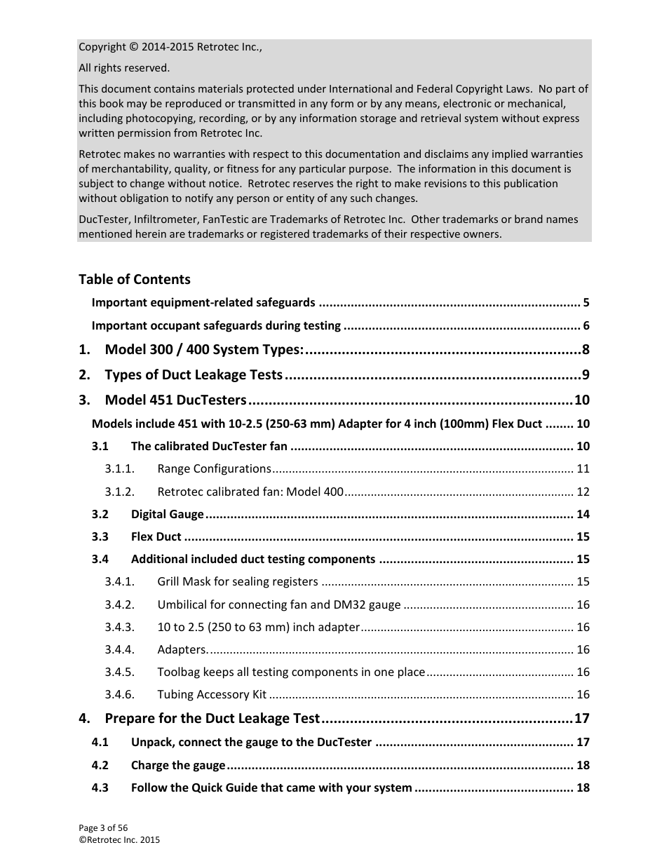 Retrotec Commercial 441 and 451 DucTester User Manual | Page 3 / 56
