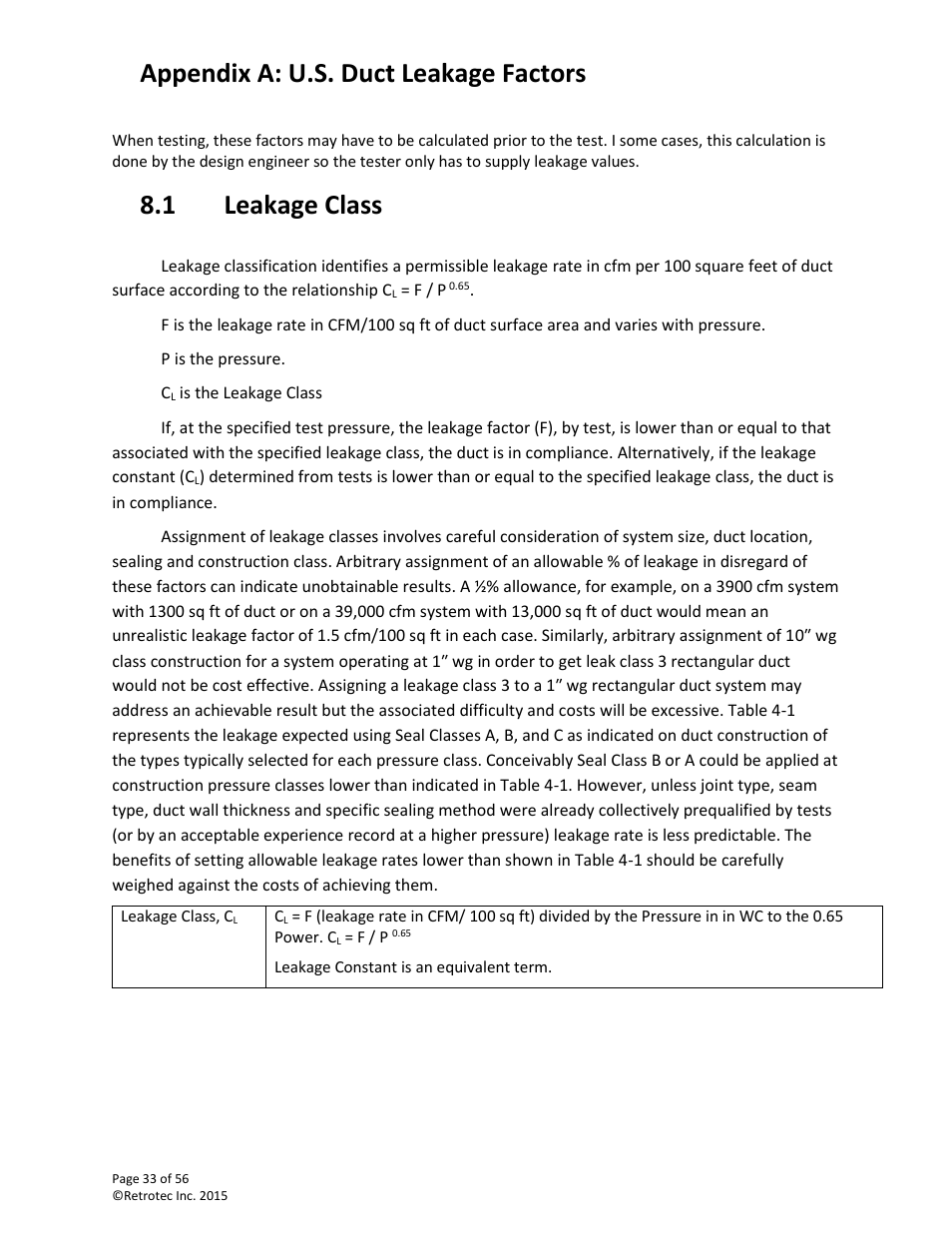 Appendix a: u.s. duct leakage factors, Leakage class, 1 leakage class | Retrotec Commercial 441 and 451 DucTester User Manual | Page 33 / 56