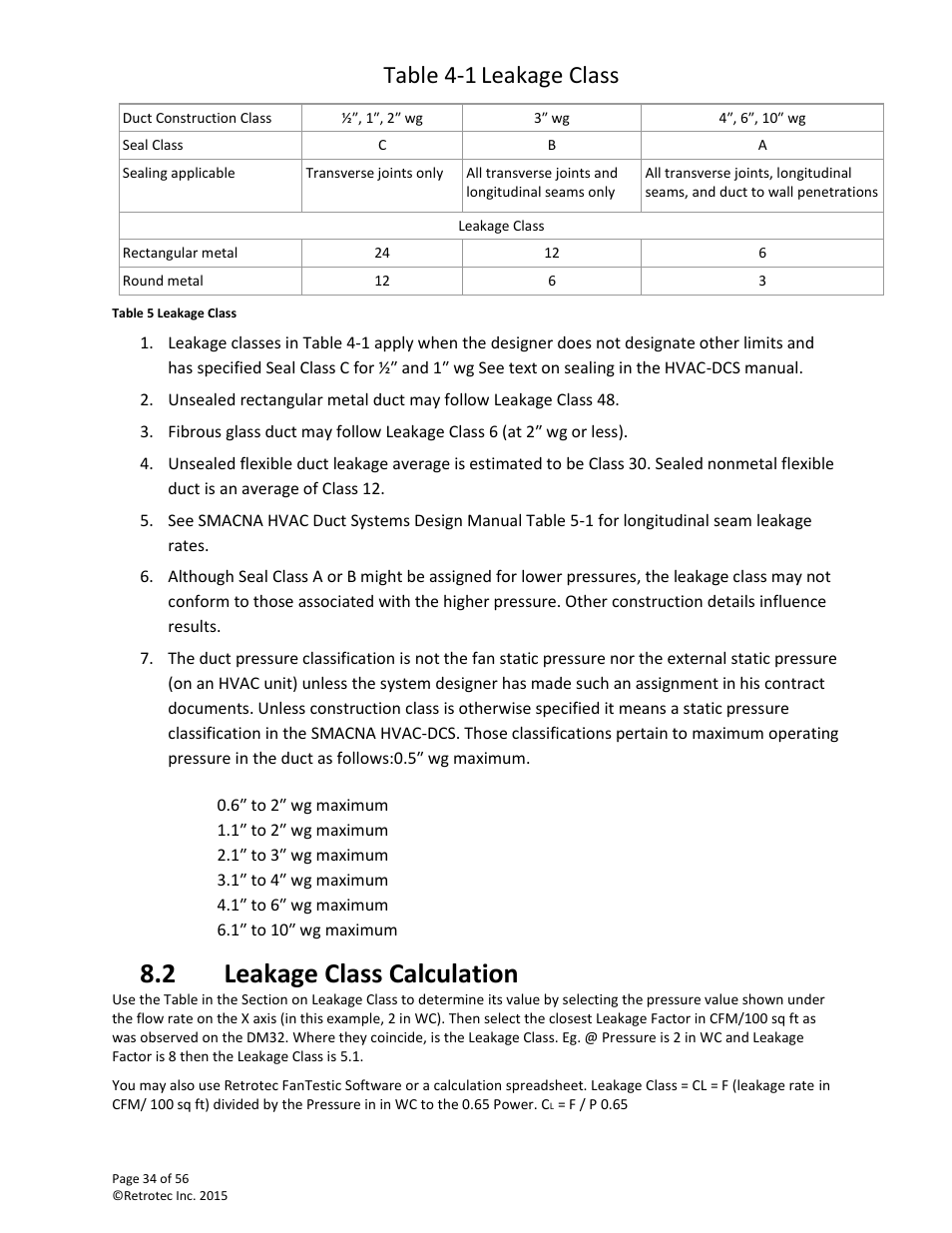 Leakage class calculation, 2 leakage class calculation, Table 4-1 | Leakage class | Retrotec Commercial 441 and 451 DucTester User Manual | Page 34 / 56