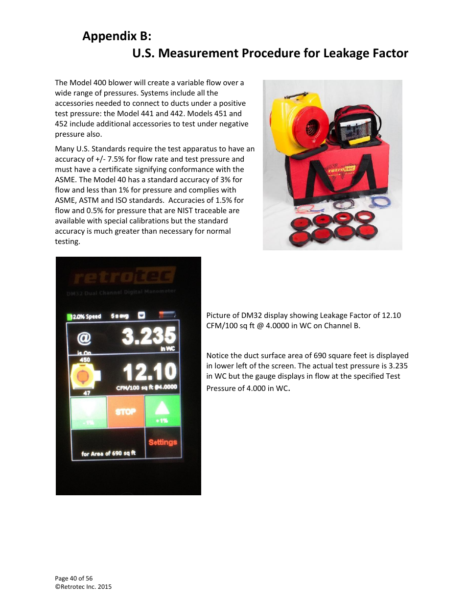 Appendix b, U.s. measurement procedure for leakage factor | Retrotec Commercial 441 and 451 DucTester User Manual | Page 40 / 56