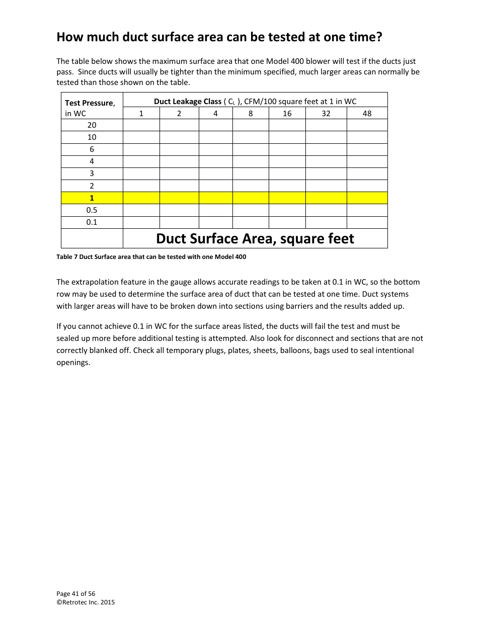 Duct surface area, square feet | Retrotec Commercial 441 and 451 DucTester User Manual | Page 41 / 56