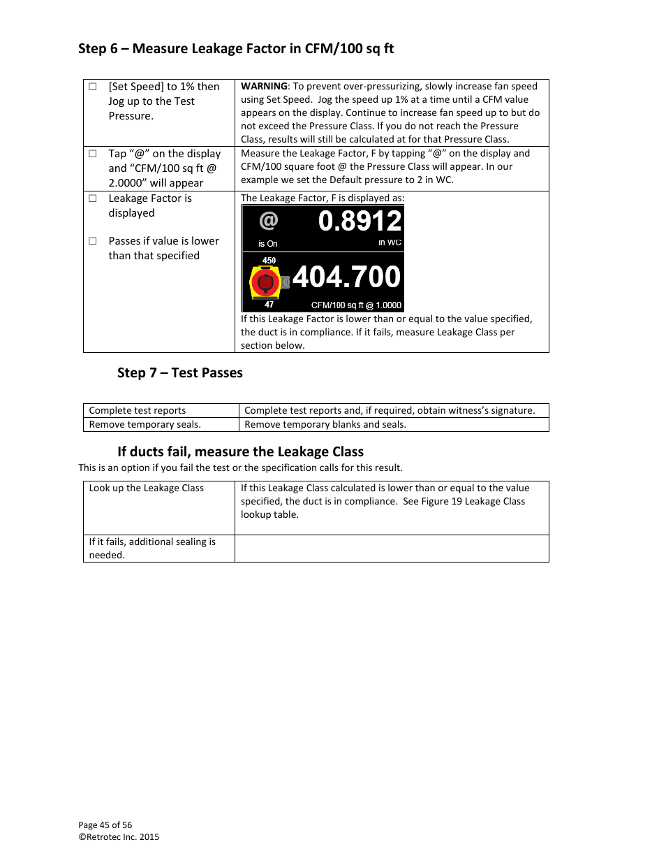 Step 6 – measure leakage factor in cfm/100 sq ft, Step 7 – test passes, If ducts fail, measure the leakage class | Retrotec Commercial 441 and 451 DucTester User Manual | Page 45 / 56