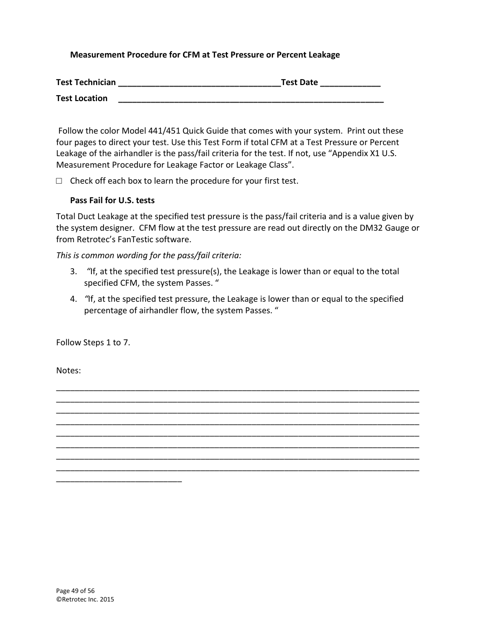 Pass fail for u.s. tests | Retrotec Commercial 441 and 451 DucTester User Manual | Page 49 / 56