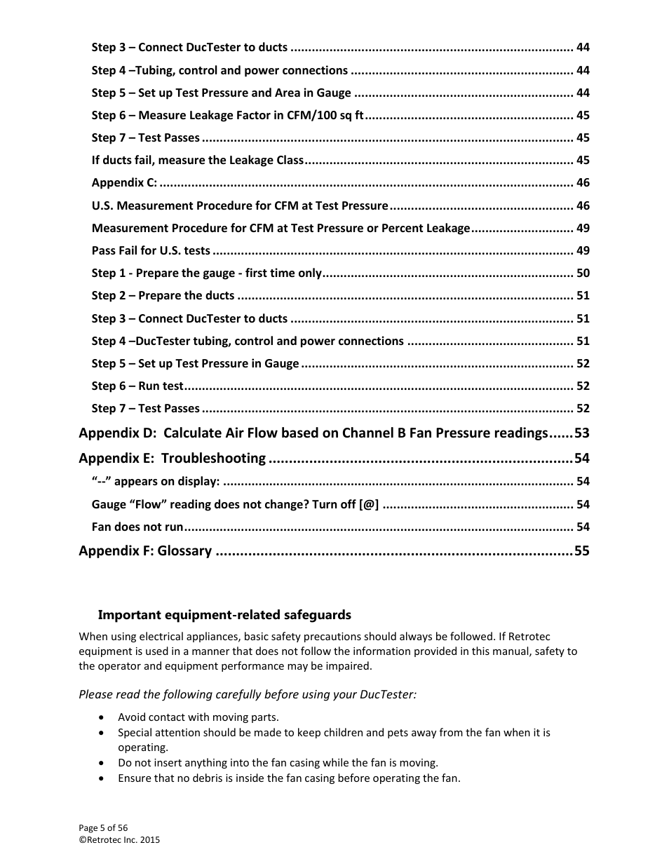 Important equipment-related safeguards, Appendix e: troubleshooting, Appendix f: glossary | Retrotec Commercial 441 and 451 DucTester User Manual | Page 5 / 56