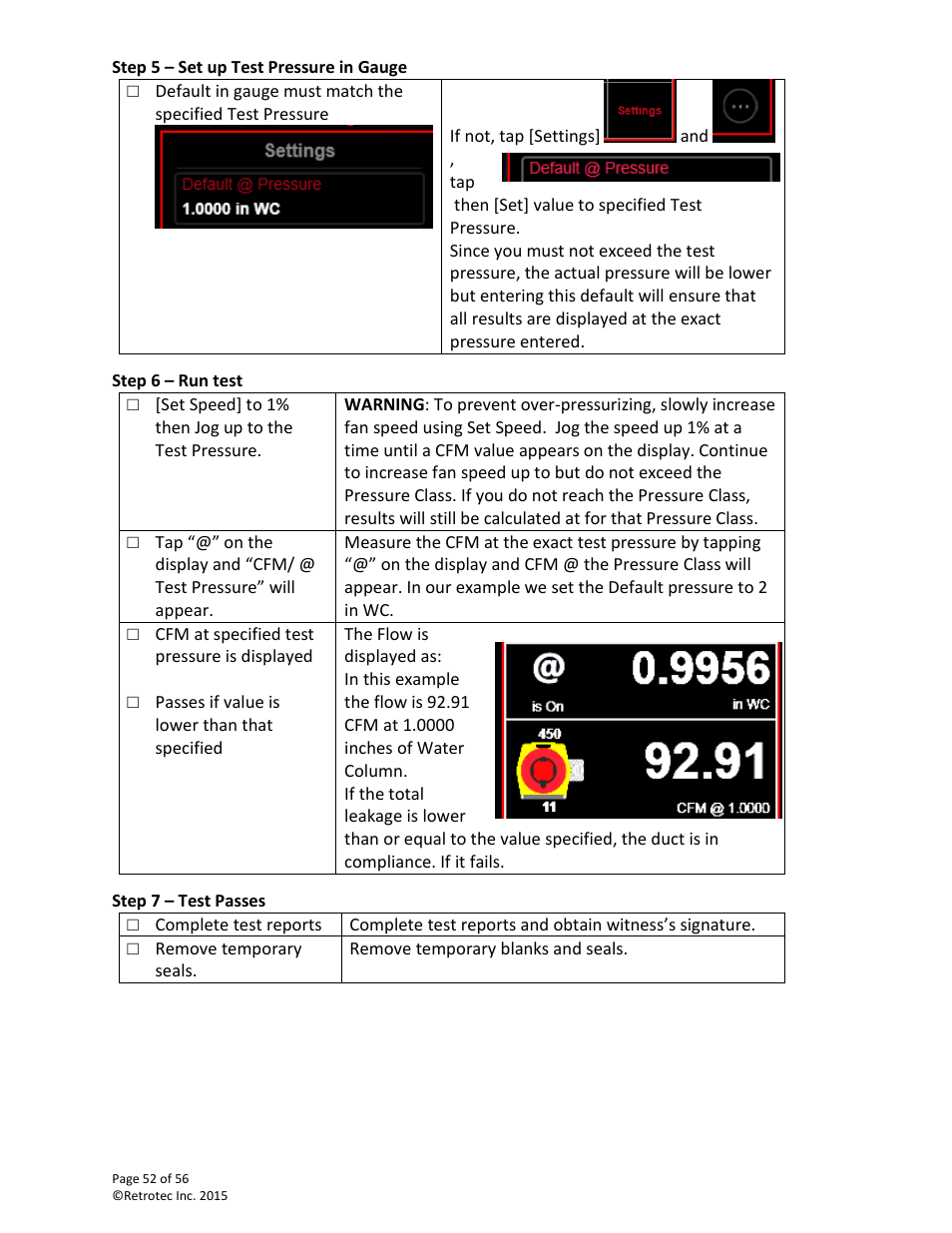 Step 5 – set up test pressure in gauge, Step 6 – run test, Step 7 – test passes | Retrotec Commercial 441 and 451 DucTester User Manual | Page 52 / 56