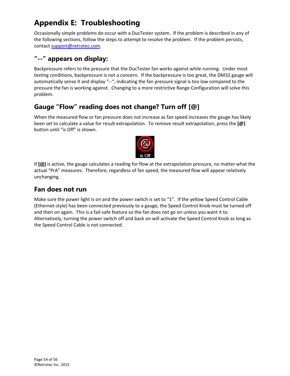 Appendix e: troubleshooting, Appears on display, Gauge “flow” reading does not change? turn off | Fan does not run | Retrotec Commercial 441 and 451 DucTester User Manual | Page 54 / 56