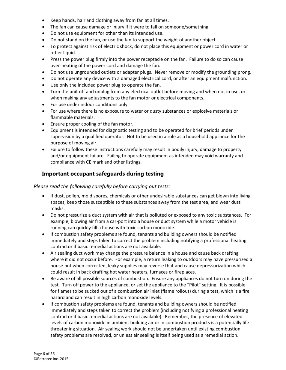 Important occupant safeguards during testing | Retrotec Commercial 441 and 451 DucTester User Manual | Page 6 / 56