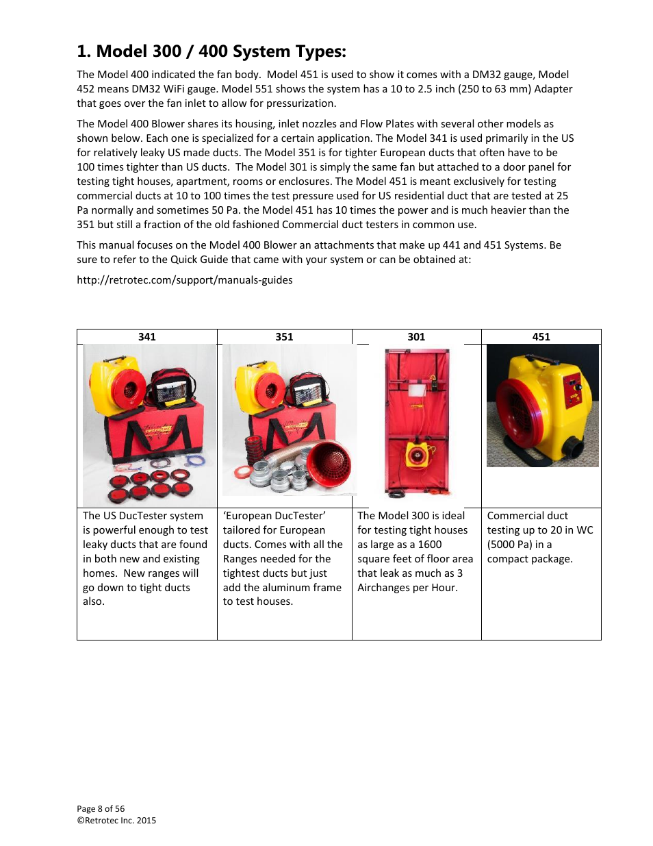 Model 300 / 400 system types | Retrotec Commercial 441 and 451 DucTester User Manual | Page 8 / 56