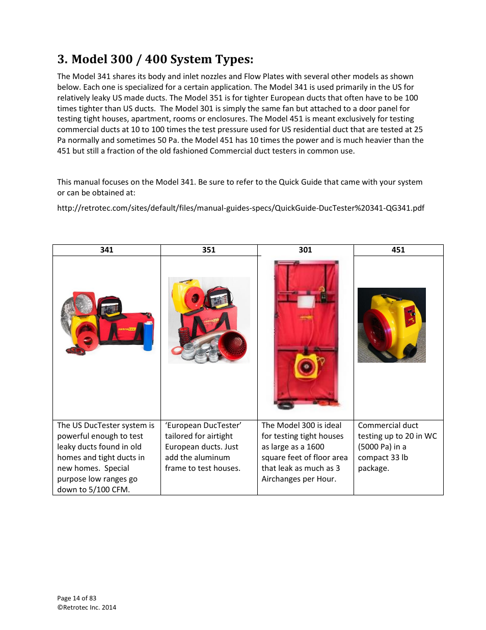 Model 300 / 400 system types | Retrotec DucTester 341 User Manual | Page 14 / 83