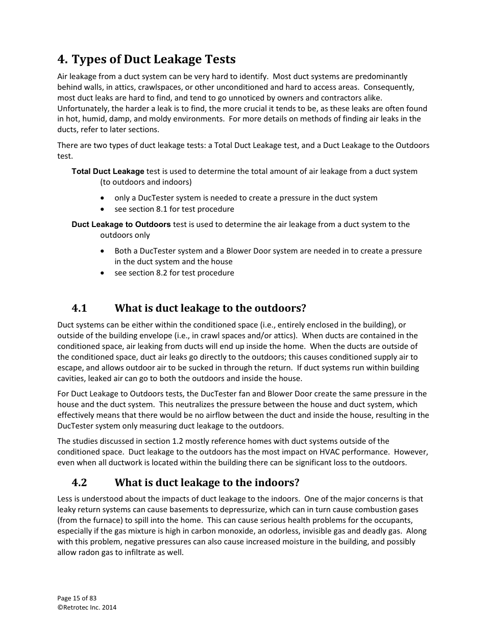 Types of duct leakage tests, What is duct leakage to the outdoors, What is duct leakage to the indoors | 1 what is duct leakage to the outdoors, 2 what is duct leakage to the indoors | Retrotec DucTester 341 User Manual | Page 15 / 83