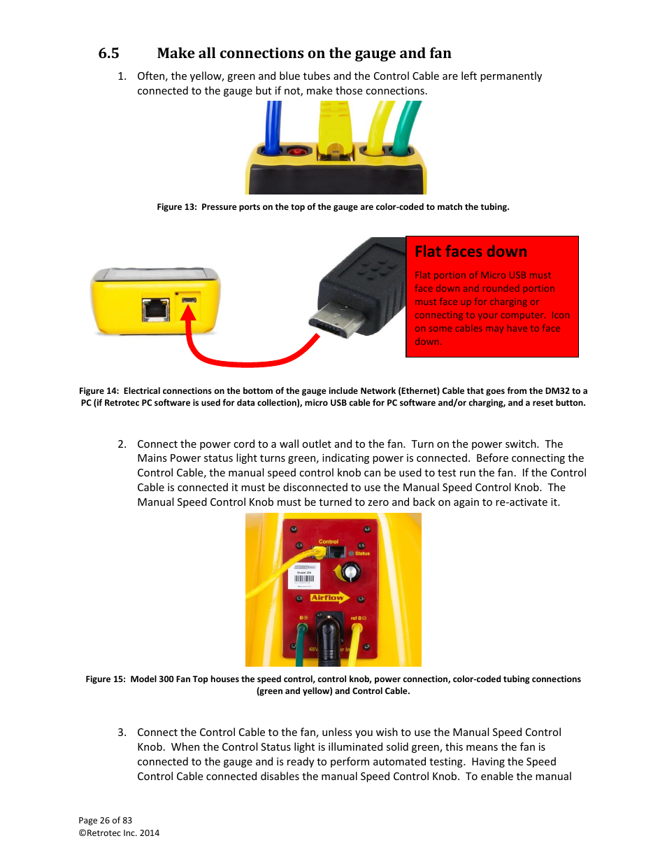 Make all connections on the gauge and fan, Flat faces down, 5 make all connections on the gauge and fan | Retrotec DucTester 341 User Manual | Page 26 / 83