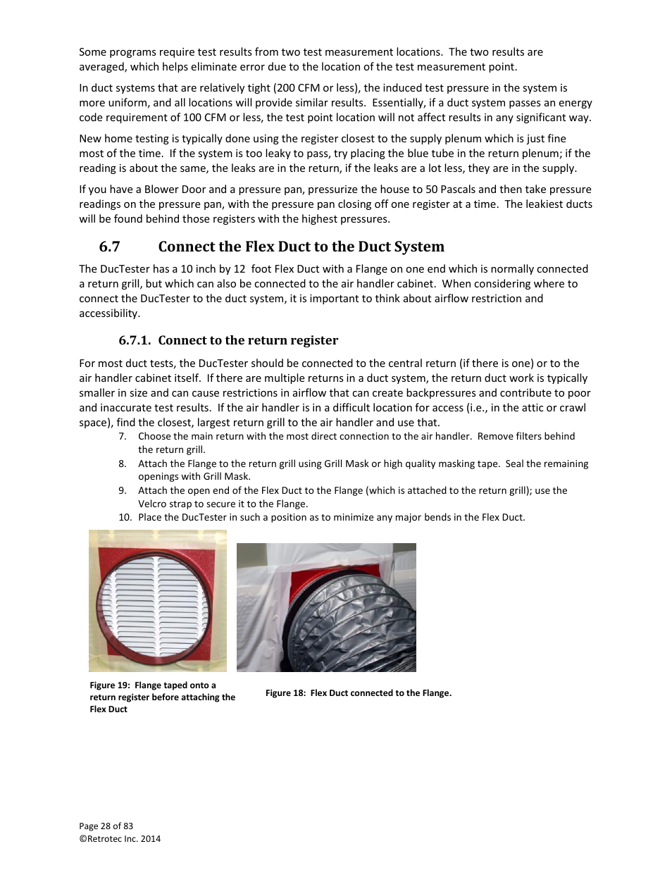 Connect the flex duct to the duct system, Connect to the return register, 7 connect the flex duct to the duct system | Retrotec DucTester 341 User Manual | Page 28 / 83