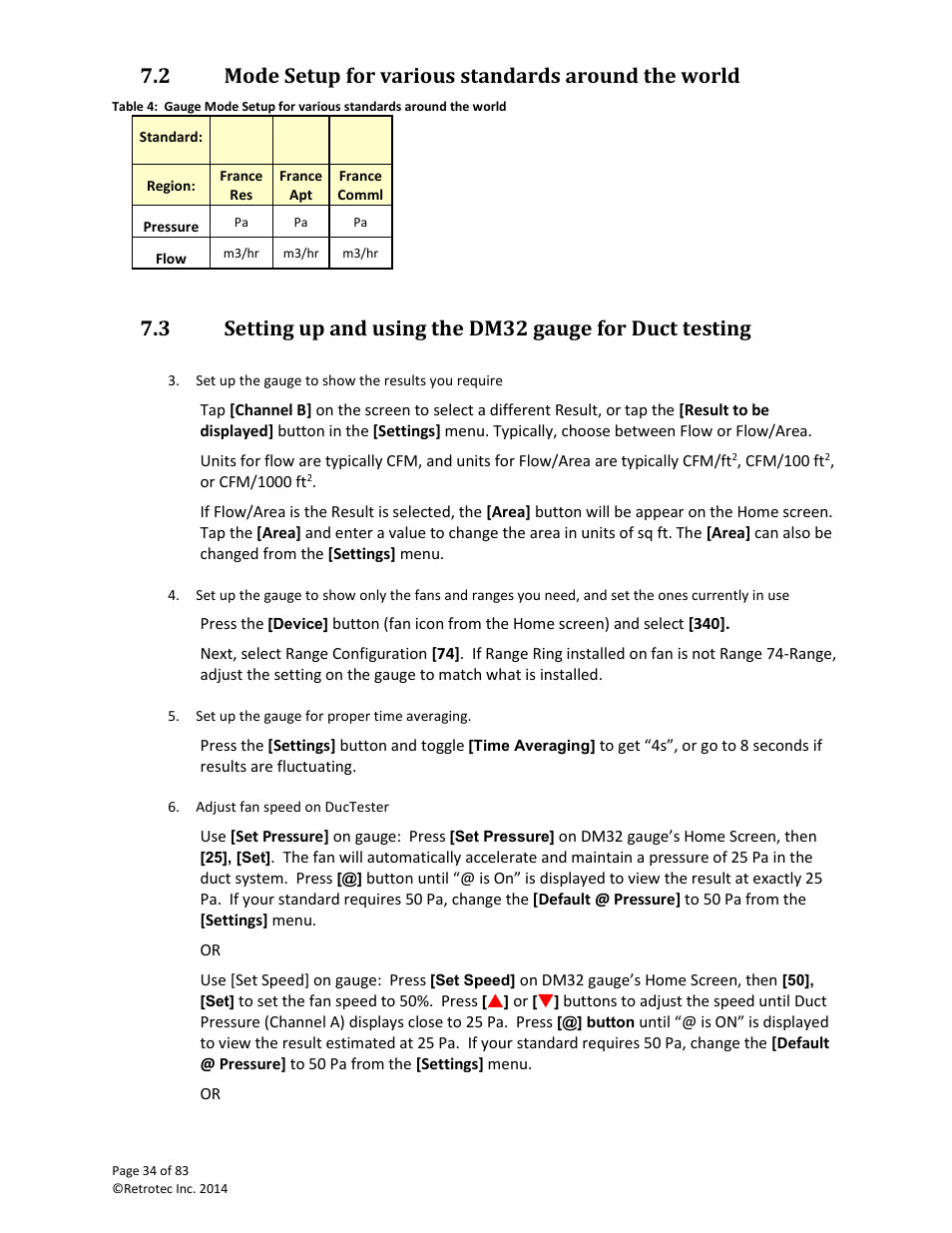 Mode setup for various standards around the world | Retrotec DucTester 341 User Manual | Page 34 / 83