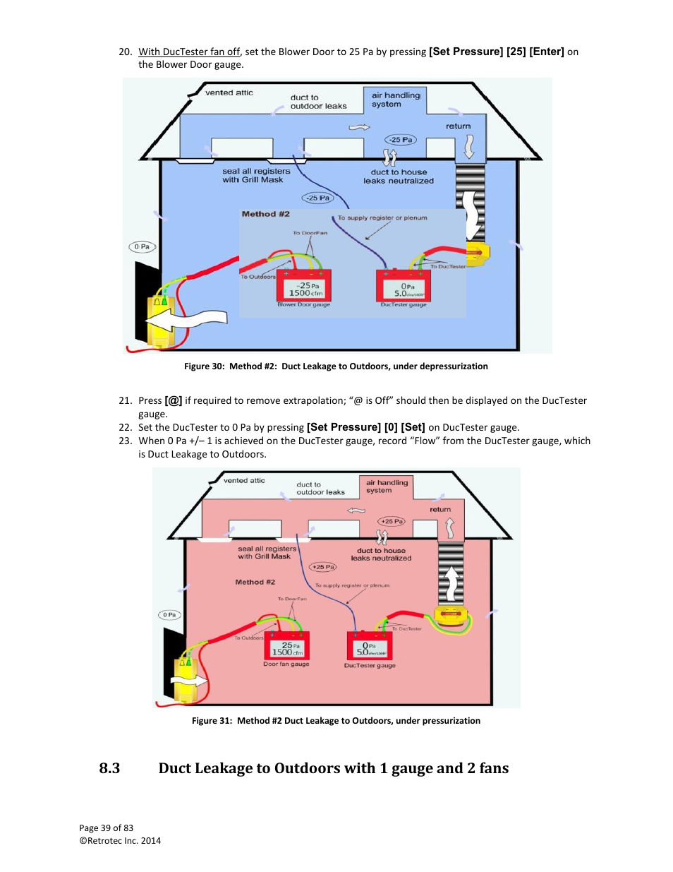 Duct leakage to outdoors with 1 gauge and 2 fans, 3 duct leakage to outdoors with 1 gauge and 2 fans | Retrotec DucTester 341 User Manual | Page 39 / 83