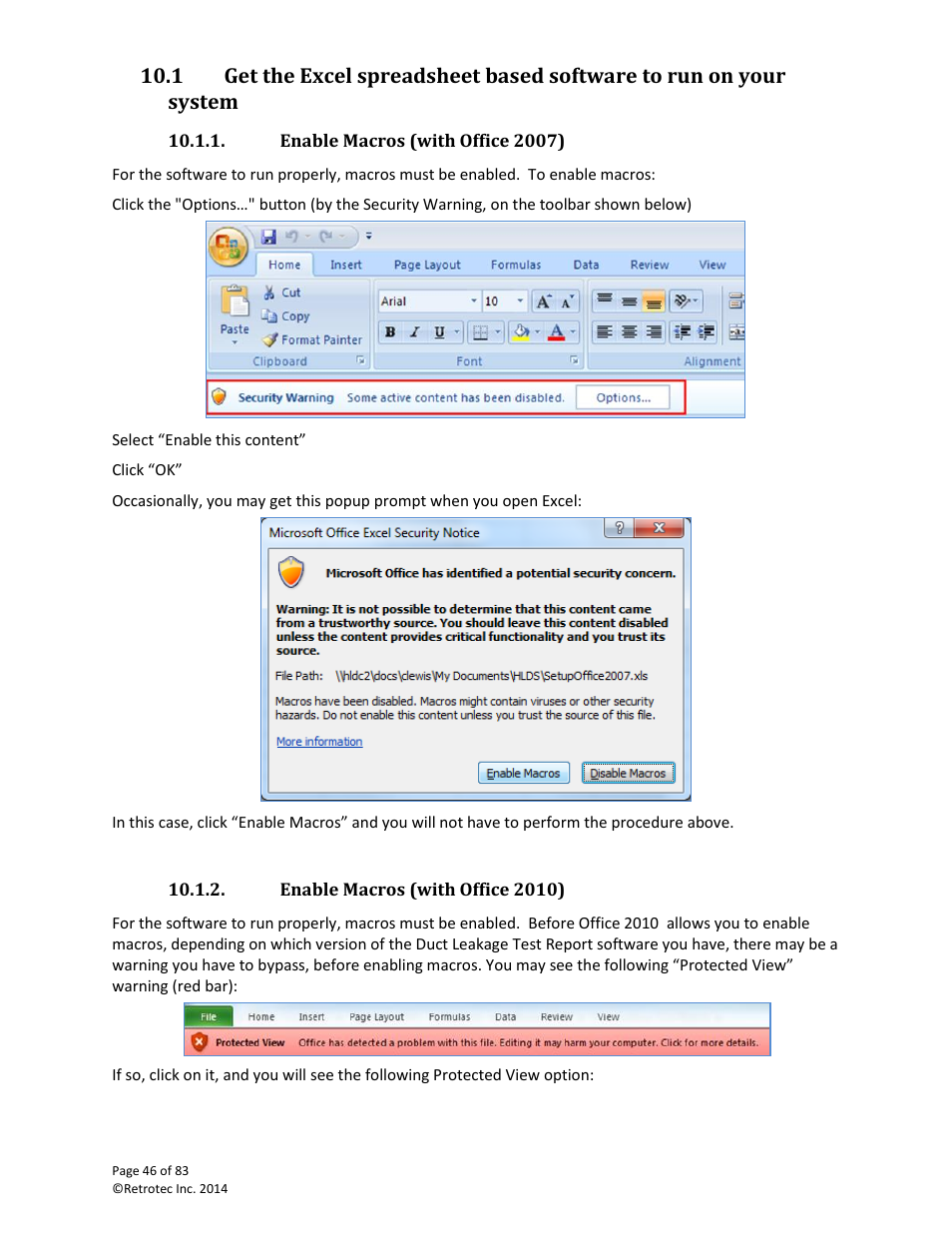 Enable macros (with office 2007), Enable macros (with office 2010) | Retrotec DucTester 341 User Manual | Page 46 / 83