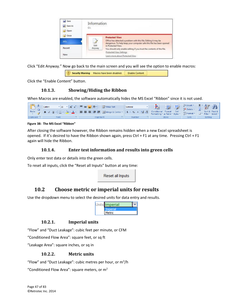 Showing/hiding the ribbon, Choose metric or imperial units for results, Imperial units | Metric units, 2 choose metric or imperial units for results | Retrotec DucTester 341 User Manual | Page 47 / 83