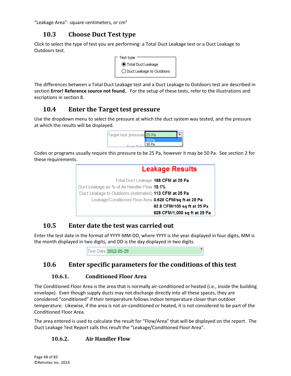 Choose duct test type, Enter the target test pressure, Enter date the test was carried out | Conditioned floor area, Air handler flow, 3 choose duct test type, 4 enter the target test pressure, 5 enter date the test was carried out | Retrotec DucTester 341 User Manual | Page 48 / 83