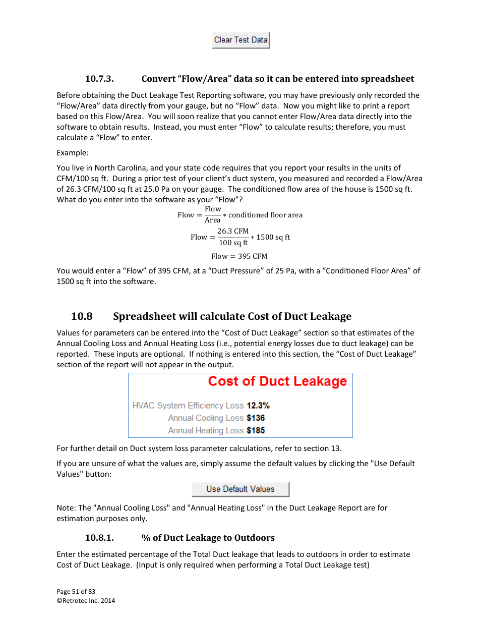 Spreadsheet will calculate cost of duct leakage, Of duct leakage to outdoors, 8 spreadsheet will calculate cost of duct leakage | Retrotec DucTester 341 User Manual | Page 51 / 83