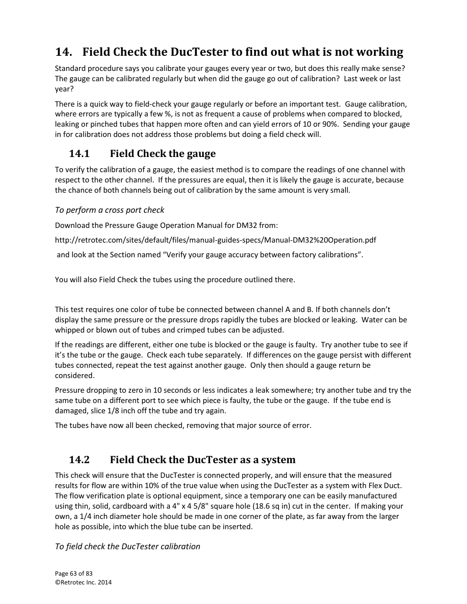 Field check the gauge, Field check the ductester as a system, 1 field check the gauge | 2 field check the ductester as a system | Retrotec DucTester 341 User Manual | Page 63 / 83