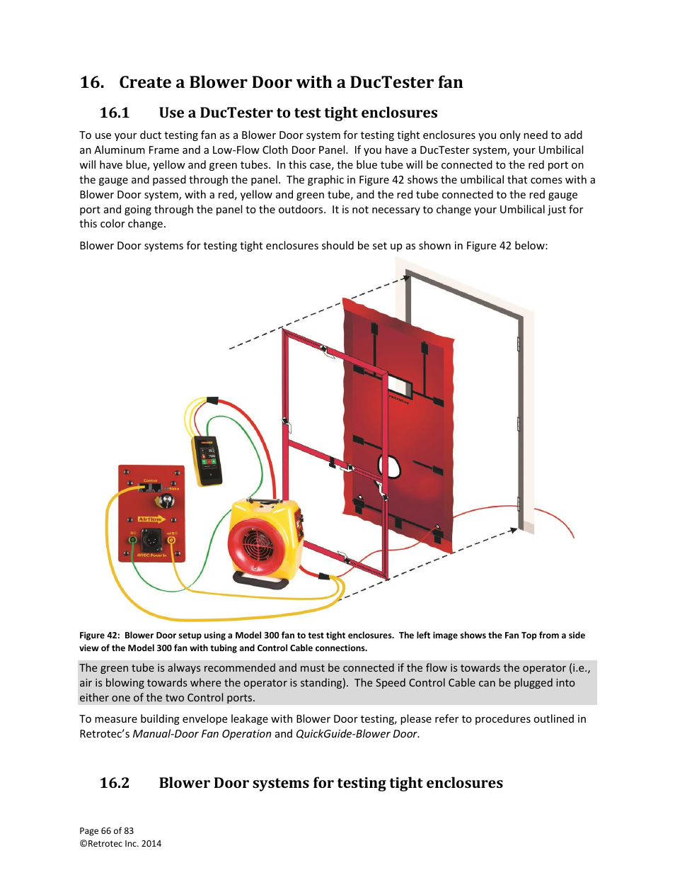 Create a blower door with a ductester fan, Use a ductester to test tight enclosures, Blower door systems for testing tight enclosures | 1 use a ductester to test tight enclosures, 2 blower door systems for testing tight enclosures | Retrotec DucTester 341 User Manual | Page 66 / 83