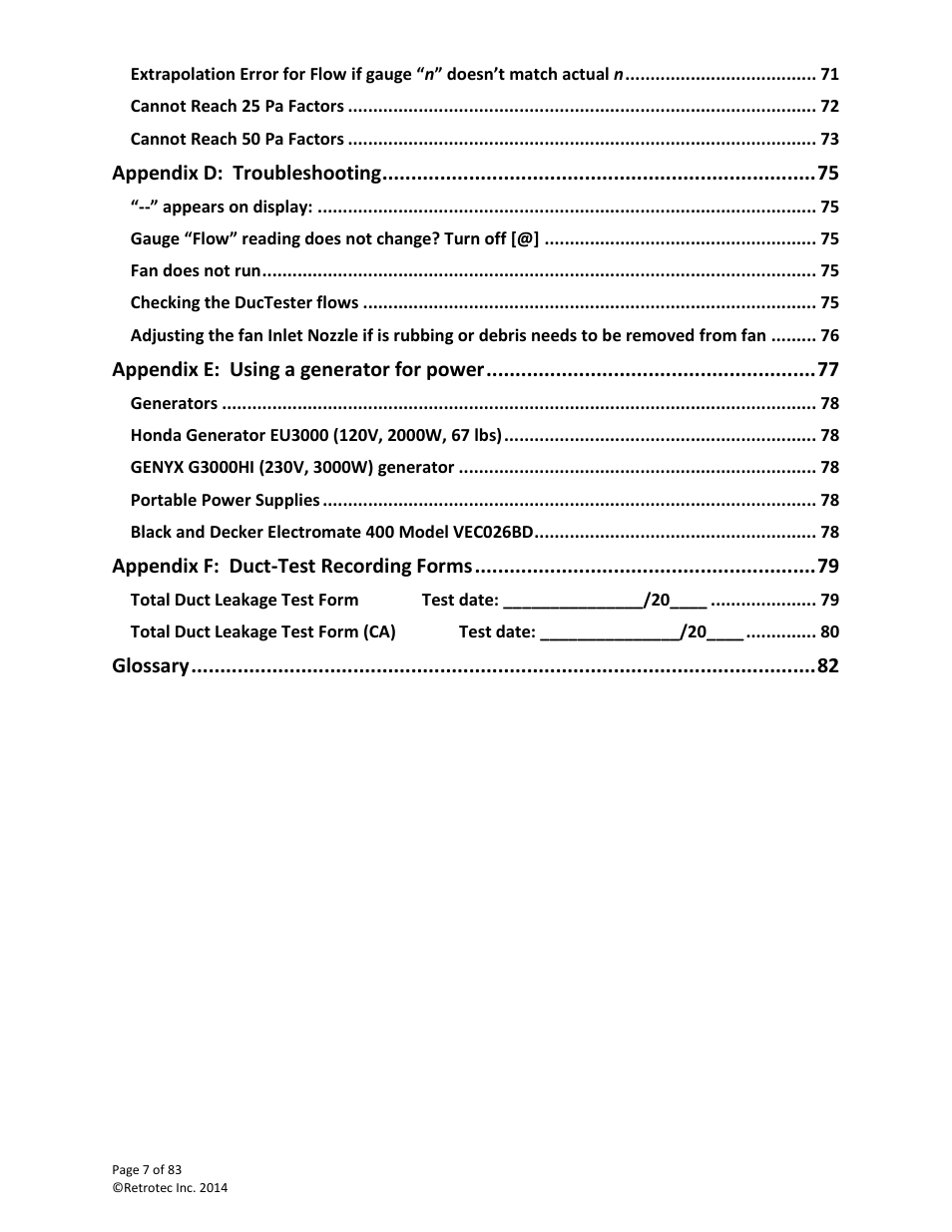 Appendix d: troubleshooting, Appendix e: using a generator for power, Appendix f: duct-test recording forms | Glossary | Retrotec DucTester 341 User Manual | Page 7 / 83