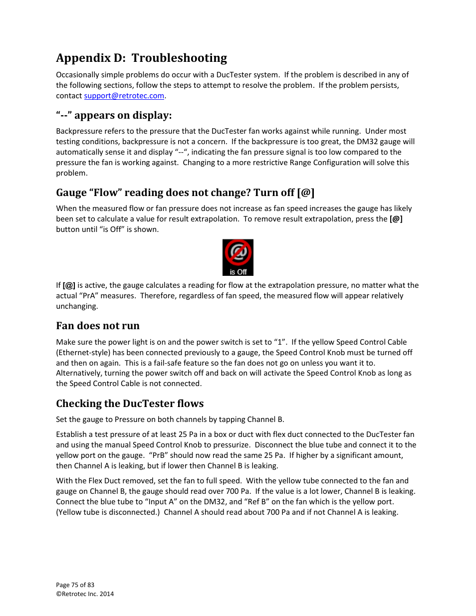 Appendix d: troubleshooting, Appears on display, Gauge “flow” reading does not change? turn off | Fan does not run, Checking the ductester flows | Retrotec DucTester 341 User Manual | Page 75 / 83