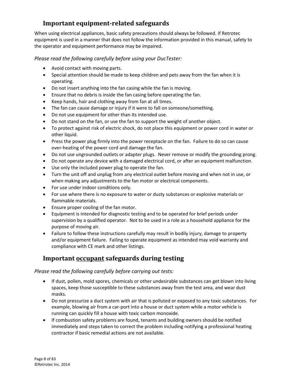 Important equipment-related safeguards, Important occupant safeguards during testing | Retrotec DucTester 341 User Manual | Page 8 / 83