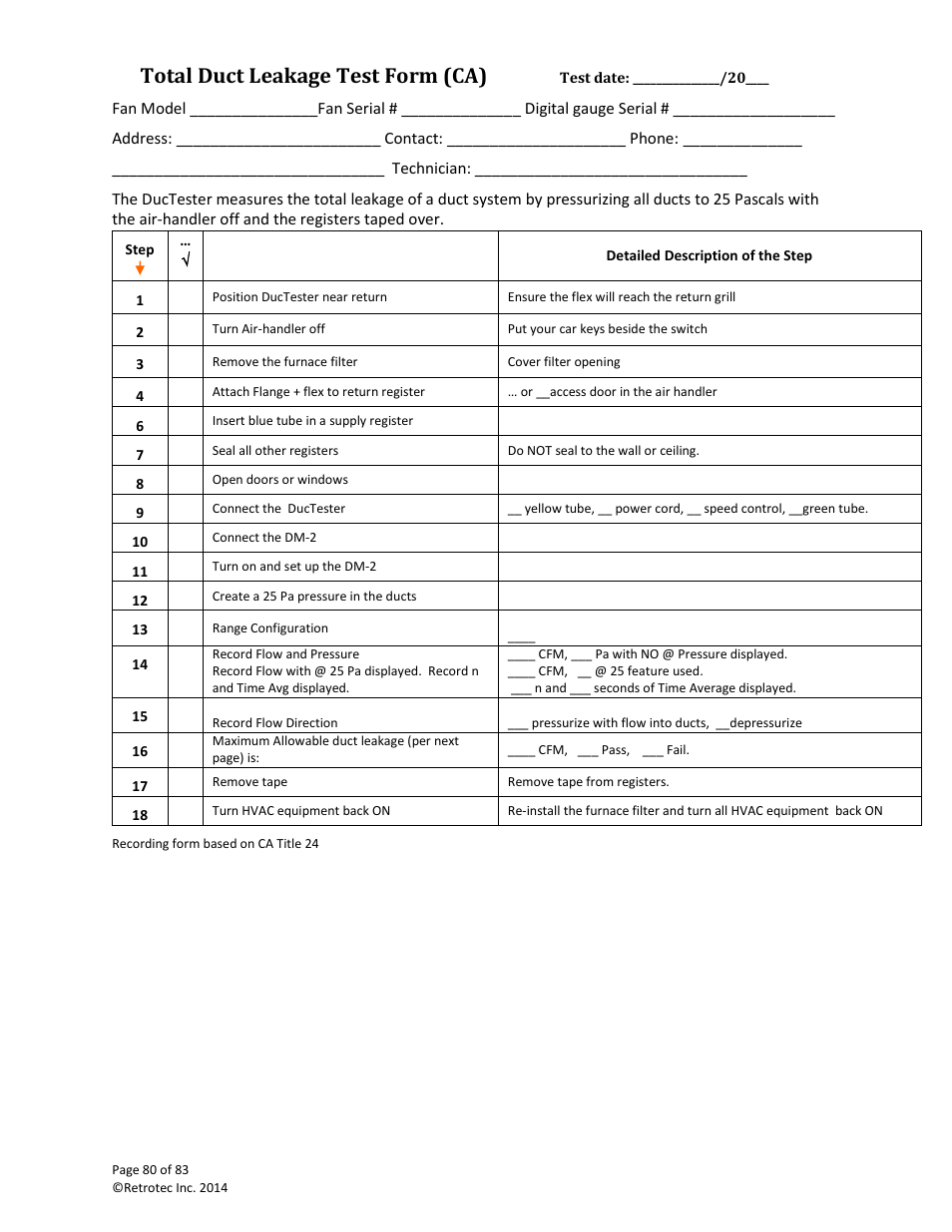 Total duct leakage test form (ca) | Retrotec DucTester 341 User Manual | Page 80 / 83