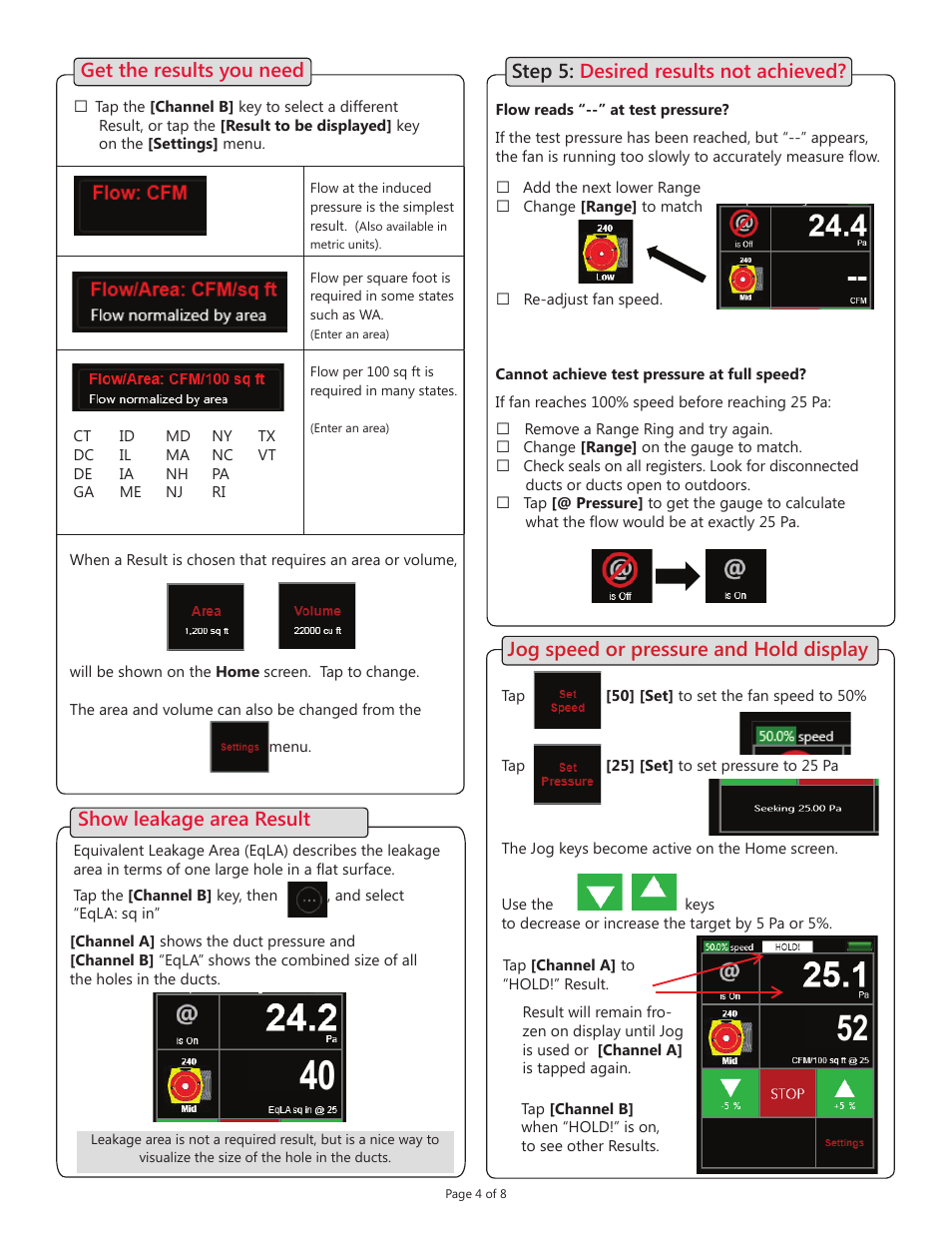 Get the results you need, Jog speed or pressure and hold display | Retrotec DucTester 200 series with DM32 User Manual | Page 4 / 8