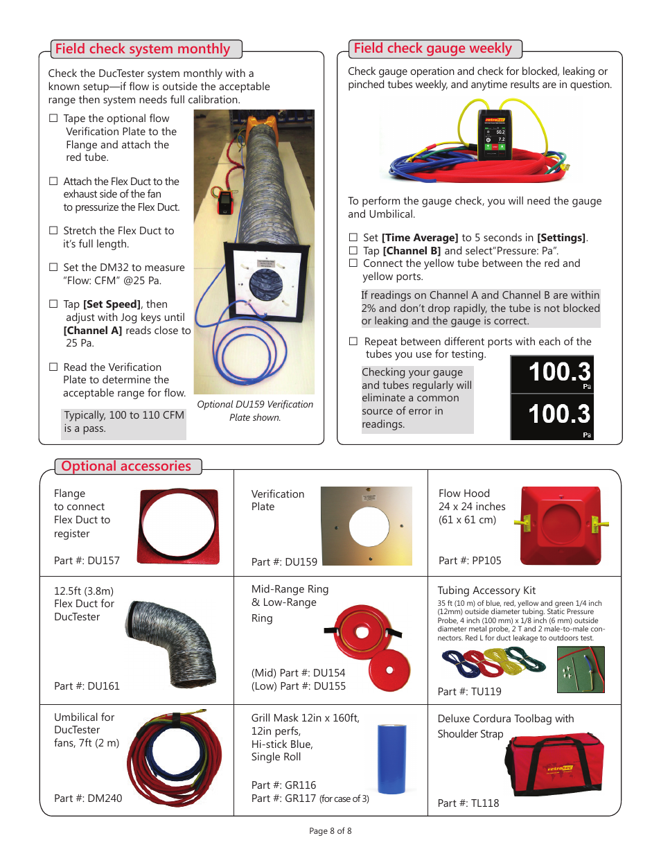 Optional accessories, Field check gauge weekly, Field check system monthly | Retrotec DucTester 200 series with DM32 User Manual | Page 8 / 8