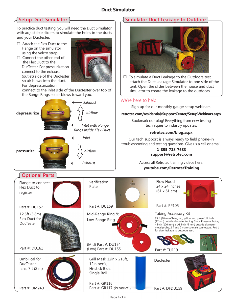 Duct simulator, Simulator duct leakage to outdoor, Setup duct simulator | Optional parts | Retrotec House and Duct Simulator User Manual | Page 4 / 4