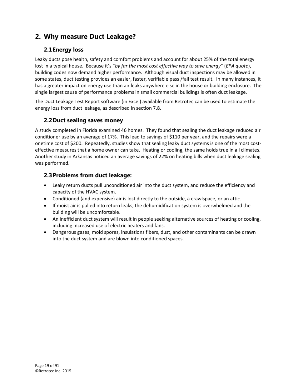 Why measure duct leakage, Energy loss, Duct sealing saves money | Problems from duct leakage | Retrotec DucTester 200 Series Residential Applications User Manual | Page 19 / 91