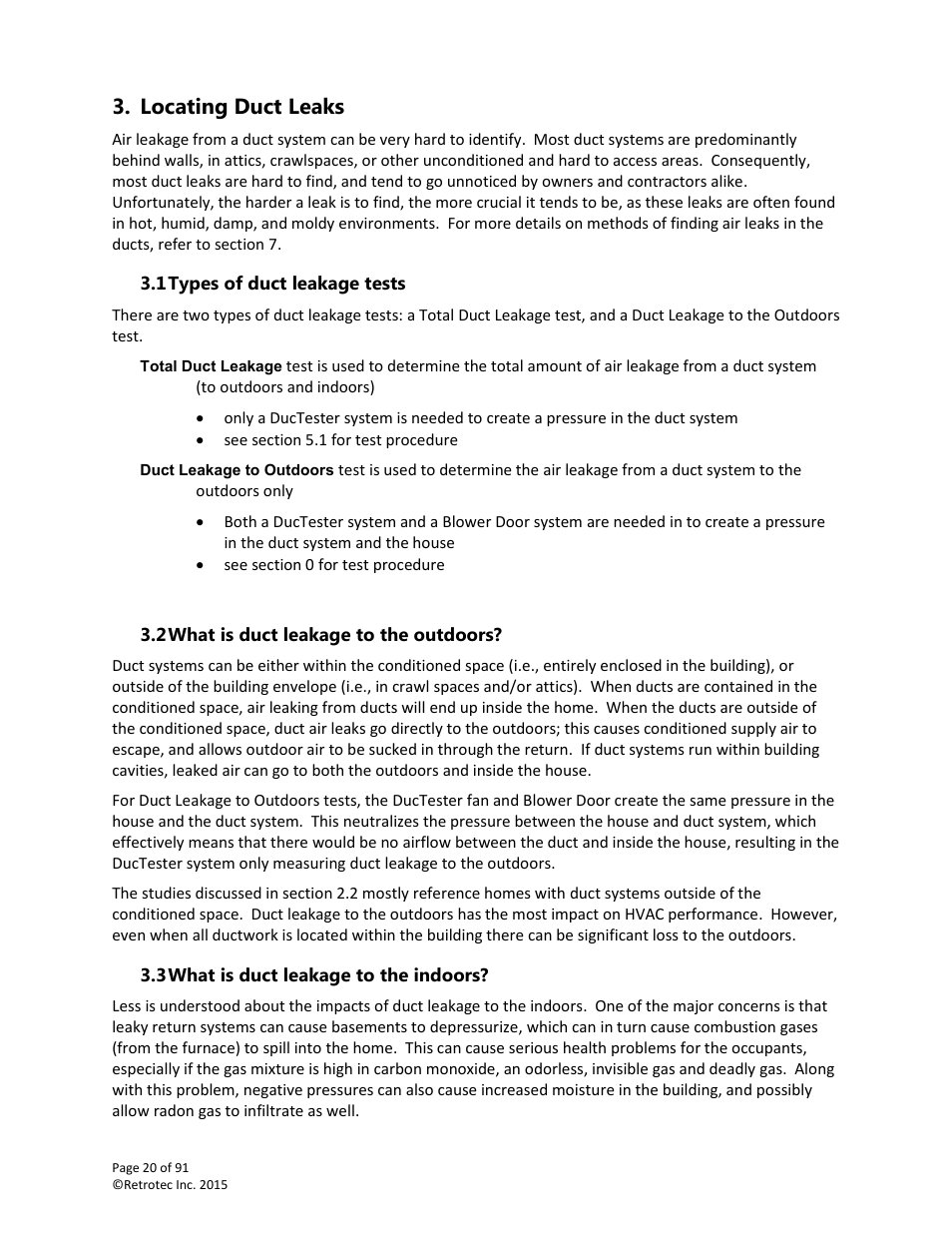 Locating duct leaks, Types of duct leakage tests, What is duct leakage to the outdoors | What is duct leakage to the indoors | Retrotec DucTester 200 Series Residential Applications User Manual | Page 20 / 91