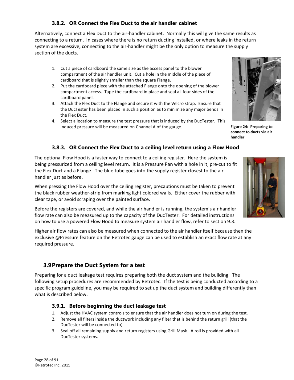 Prepare the duct system for a test, Before beginning the duct leakage test | Retrotec DucTester 200 Series Residential Applications User Manual | Page 28 / 91