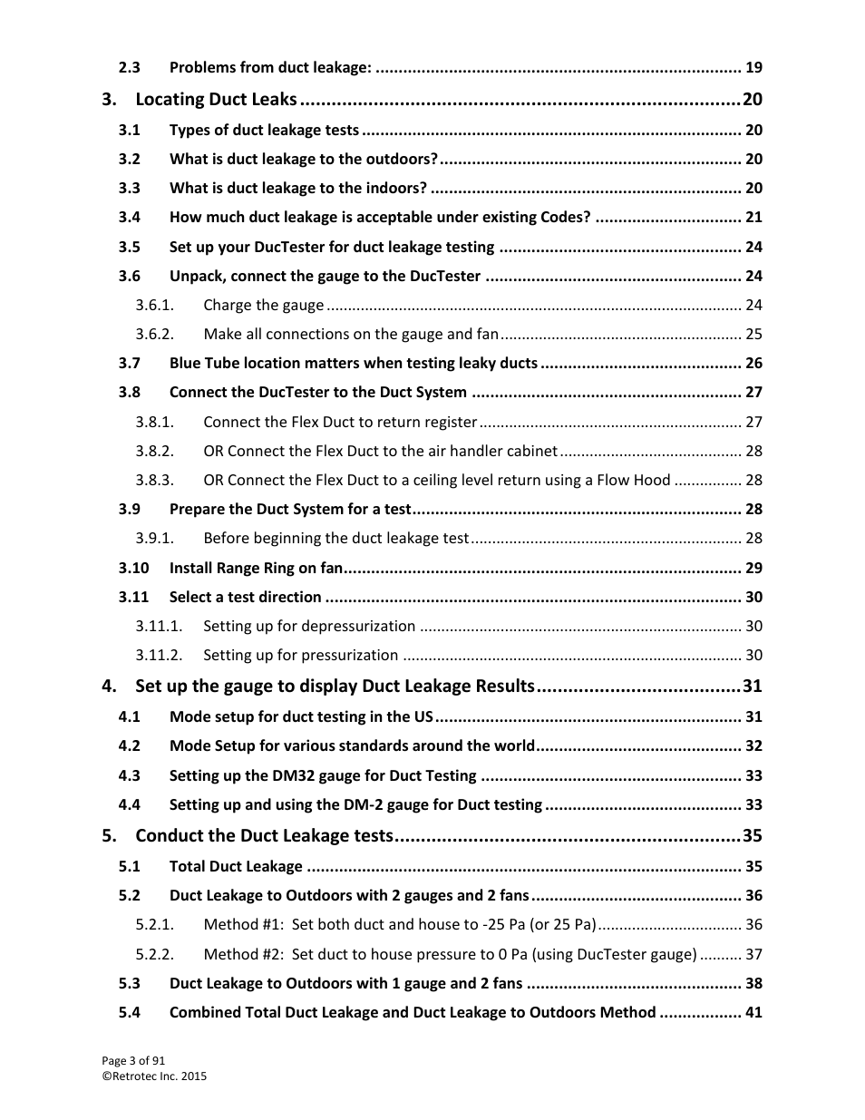 Locating duct leaks, Set up the gauge to display duct leakage results, Conduct the duct leakage tests | Retrotec DucTester 200 Series Residential Applications User Manual | Page 3 / 91