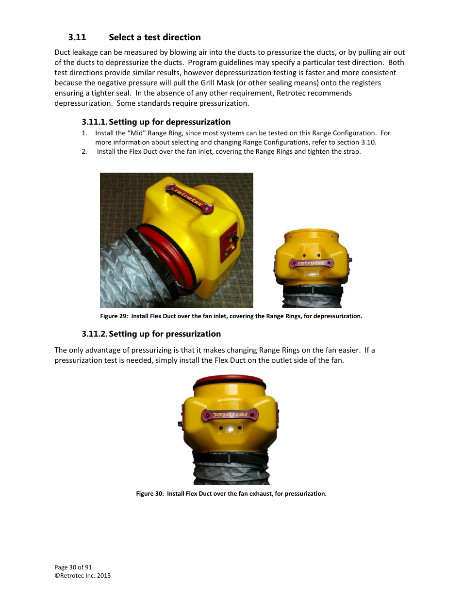 Select a test direction, Setting up for depressurization, Setting up for pressurization | Retrotec DucTester 200 Series Residential Applications User Manual | Page 30 / 91