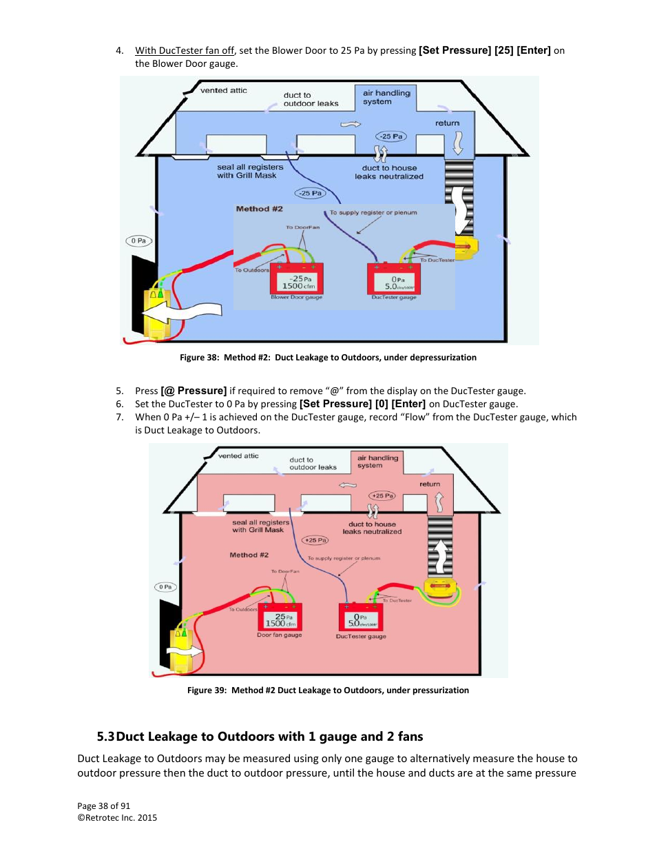 Duct leakage to outdoors with 1 gauge and 2 fans | Retrotec DucTester 200 Series Residential Applications User Manual | Page 38 / 91