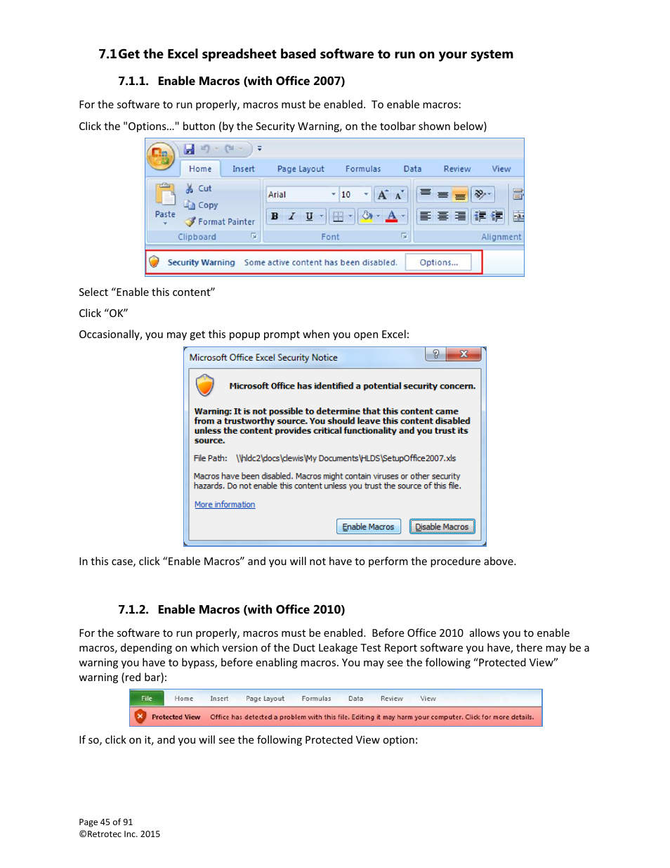 Enable macros (with office 2007), Enable macros (with office 2010) | Retrotec DucTester 200 Series Residential Applications User Manual | Page 45 / 91