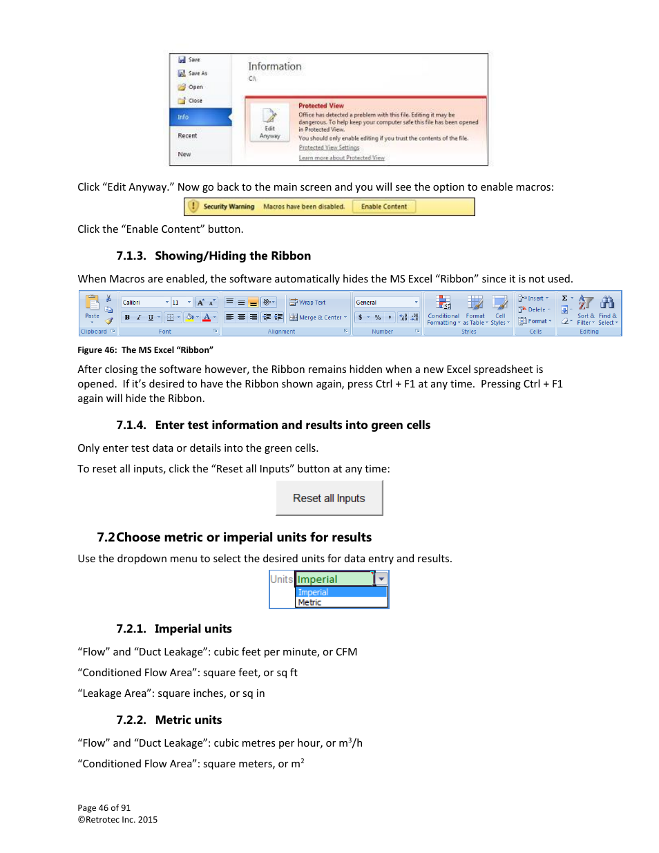 Showing/hiding the ribbon, Choose metric or imperial units for results, Imperial units | Metric units | Retrotec DucTester 200 Series Residential Applications User Manual | Page 46 / 91