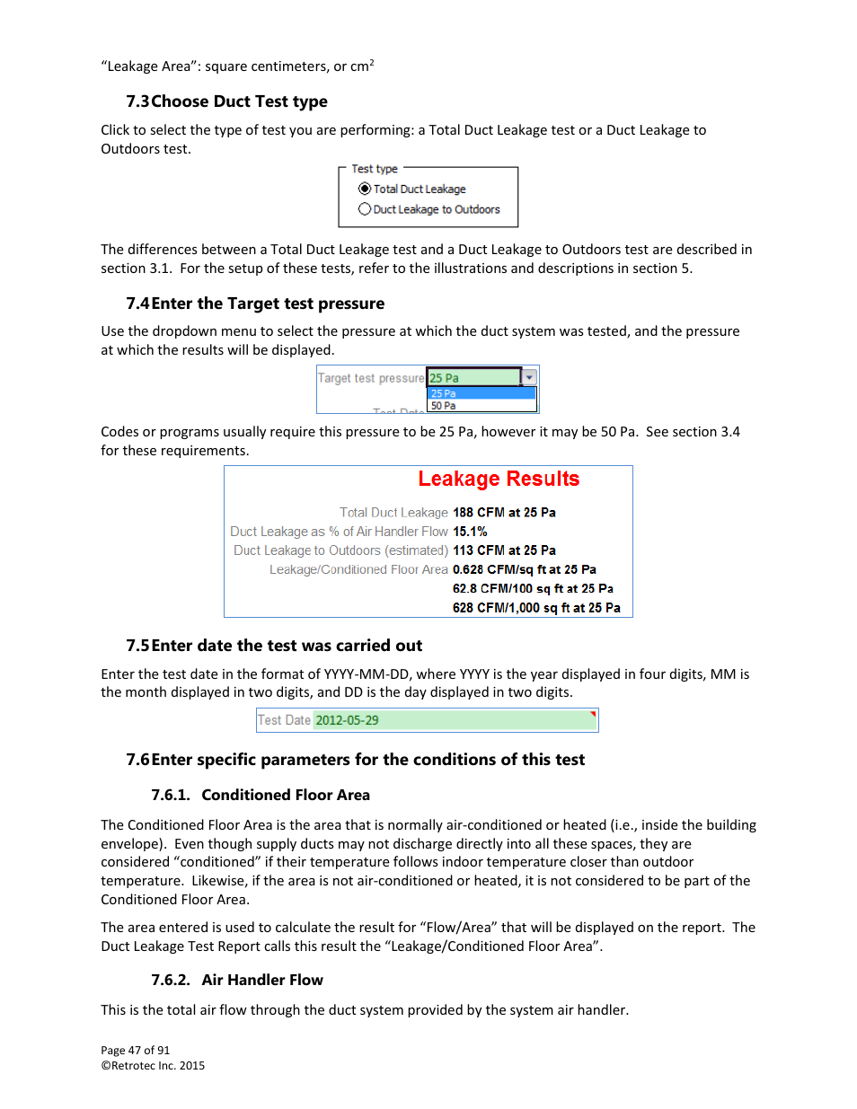 Choose duct test type, Enter the target test pressure, Enter date the test was carried out | Conditioned floor area, Air handler flow | Retrotec DucTester 200 Series Residential Applications User Manual | Page 47 / 91