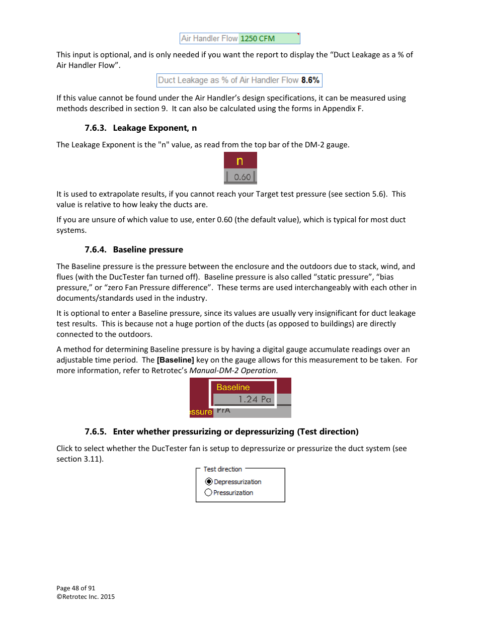 Leakage exponent, n, Baseline pressure | Retrotec DucTester 200 Series Residential Applications User Manual | Page 48 / 91