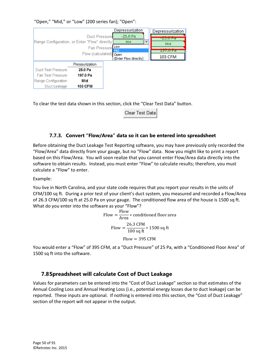 Spreadsheet will calculate cost of duct leakage | Retrotec DucTester 200 Series Residential Applications User Manual | Page 50 / 91