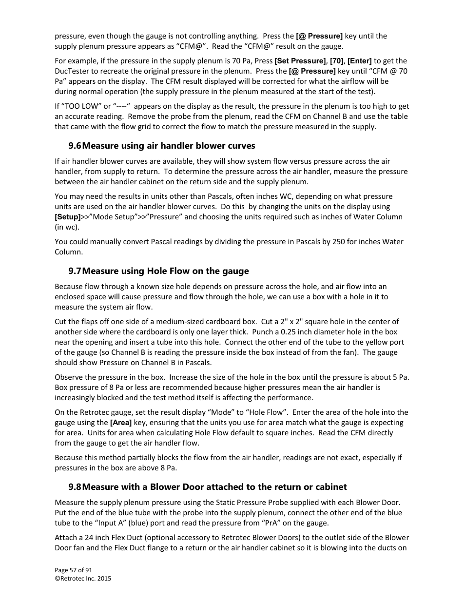 Measure using air handler blower curves, Measure using hole flow on the gauge | Retrotec DucTester 200 Series Residential Applications User Manual | Page 57 / 91