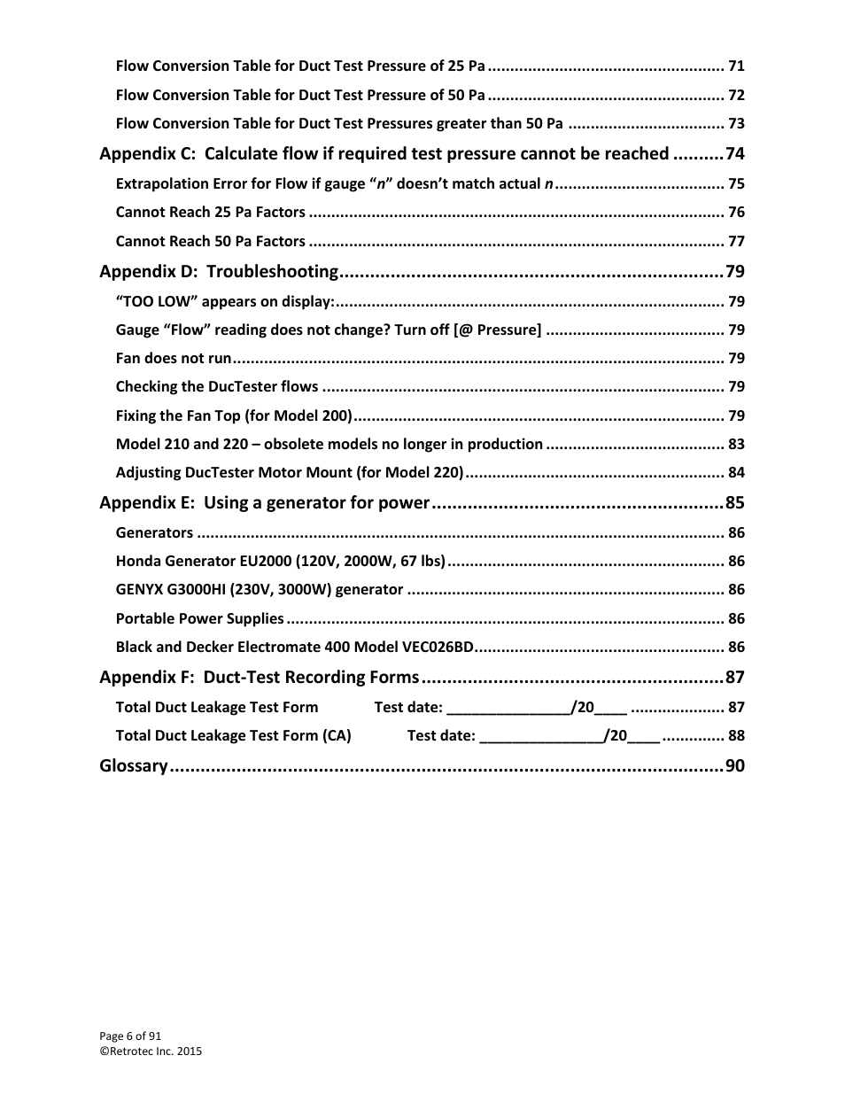 Appendix d: troubleshooting, Appendix e: using a generator for power, Appendix f: duct-test recording forms | Glossary | Retrotec DucTester 200 Series Residential Applications User Manual | Page 6 / 91