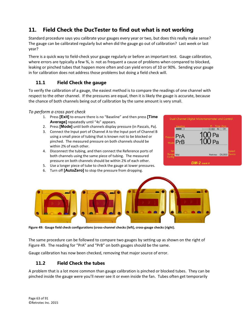 Field check the gauge, Field check the tubes | Retrotec DucTester 200 Series Residential Applications User Manual | Page 63 / 91