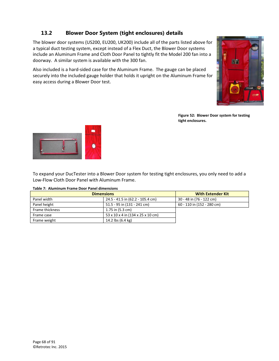 Blower door system (tight enclosures) details | Retrotec DucTester 200 Series Residential Applications User Manual | Page 68 / 91