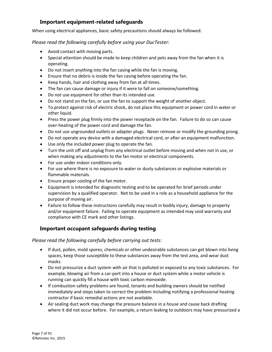 Important equipment-related safeguards, Important occupant safeguards during testing | Retrotec DucTester 200 Series Residential Applications User Manual | Page 7 / 91