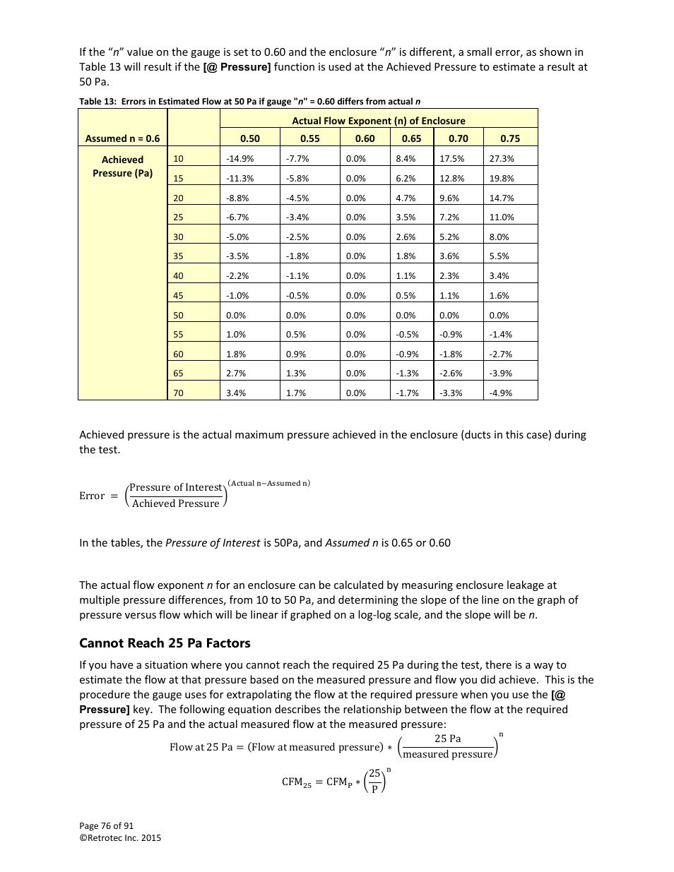 Cannot reach 25 pa factors | Retrotec DucTester 200 Series Residential Applications User Manual | Page 76 / 91