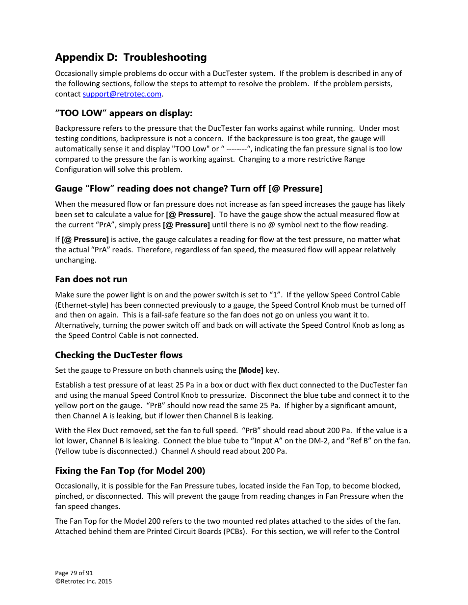 Appendix d: troubleshooting, Too low” appears on display, Fan does not run | Checking the ductester flows, Fixing the fan top (for model 200) | Retrotec DucTester 200 Series Residential Applications User Manual | Page 79 / 91